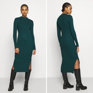 Monki Leela rib long sleeve midi dress in green 🐊 NWT 🐊 size XL